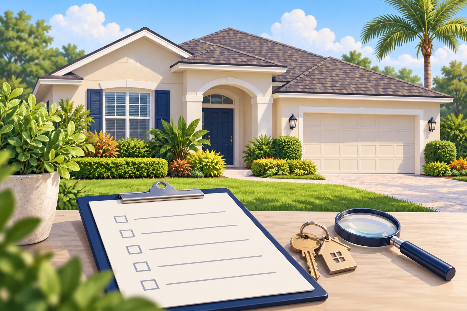 Orlando home insurance checklist illustration with a Florida house, keys and magnifying glass