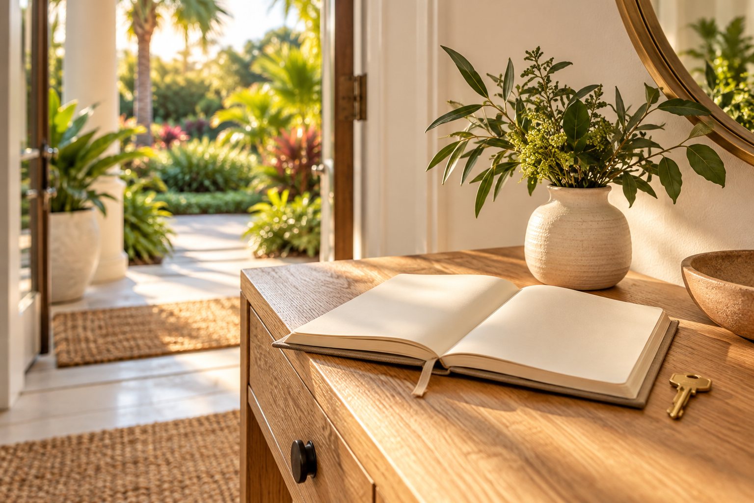 Orlando home seller guide concept with an open notebook and house key in a sunlit entryway