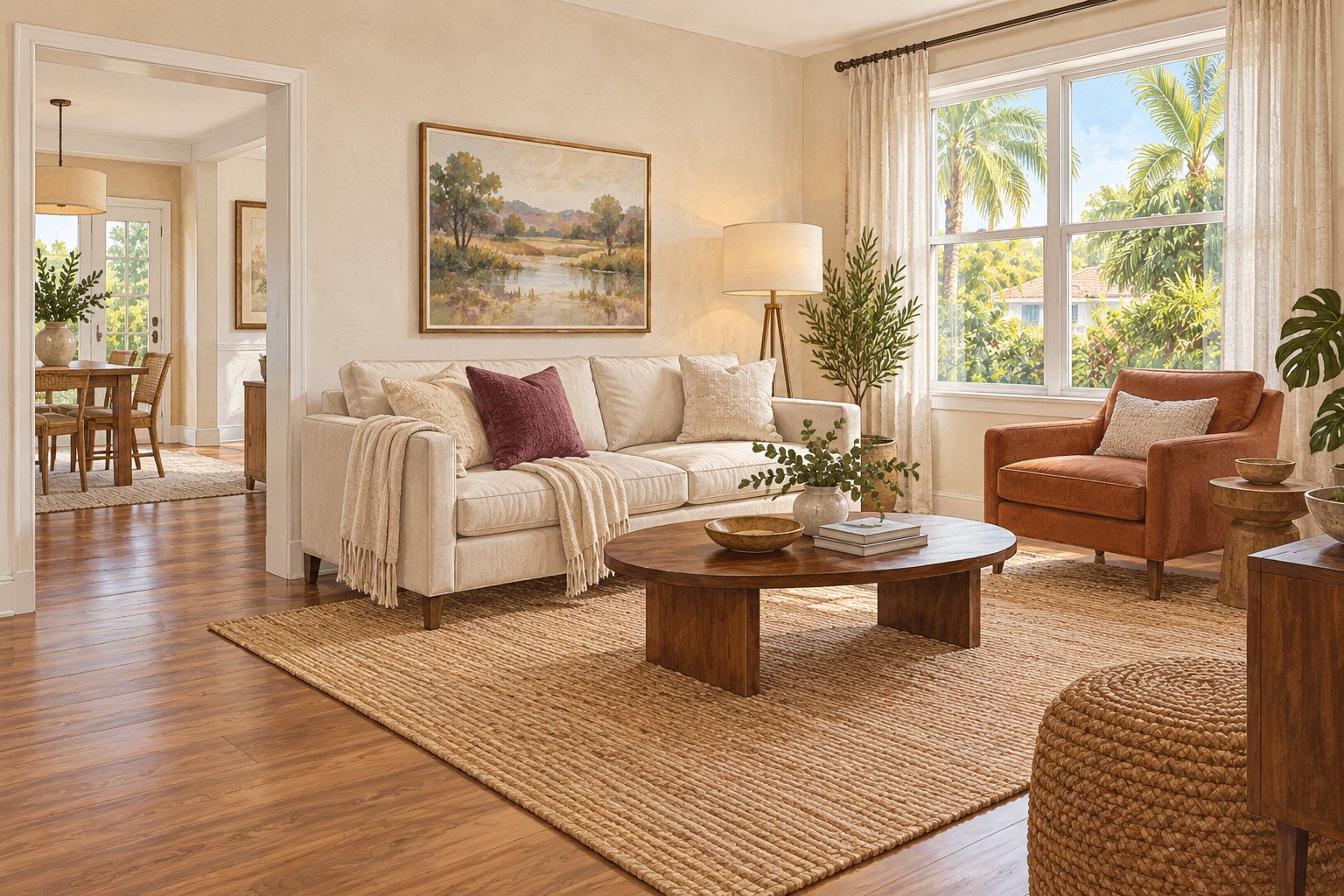 Orlando home staging guide illustration of a thoughtfully arranged living room with a cream sofa, clay chair and clear walking route