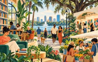Editorial illustration of third places in Orlando, with a library, lakeside walk, art gallery and community market.