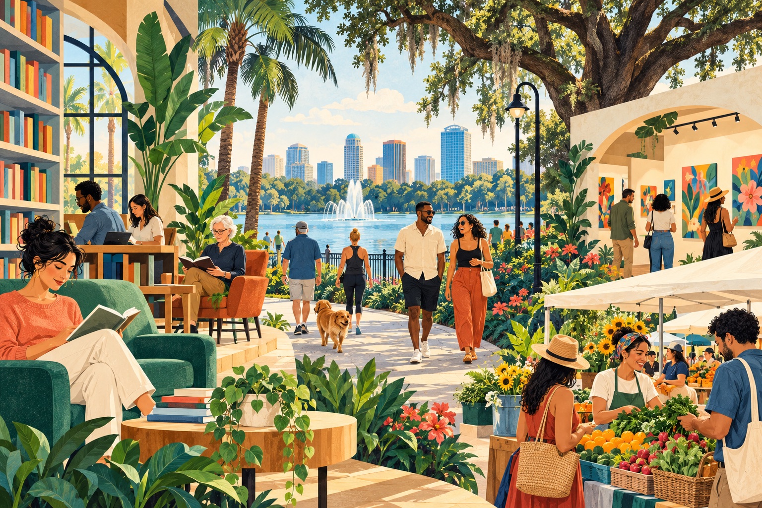 Editorial illustration of third places in Orlando, with a library, lakeside walk, art gallery and community market.