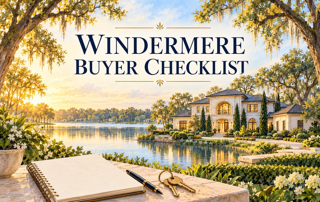 Windermere Buyer Checklist illustration with keys, a notebook and a fictional lakeside home