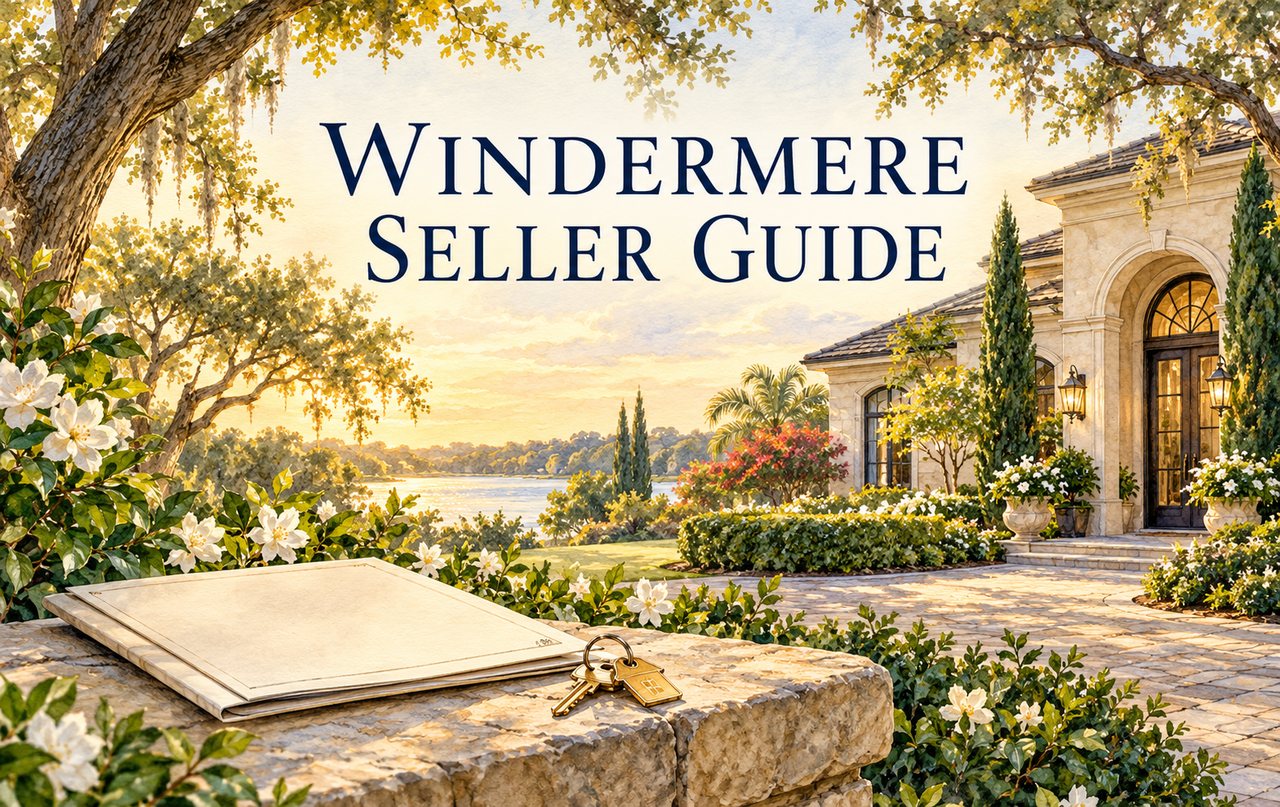 Windermere Seller Guide illustration with keys, a notebook and a fictional lakeside home