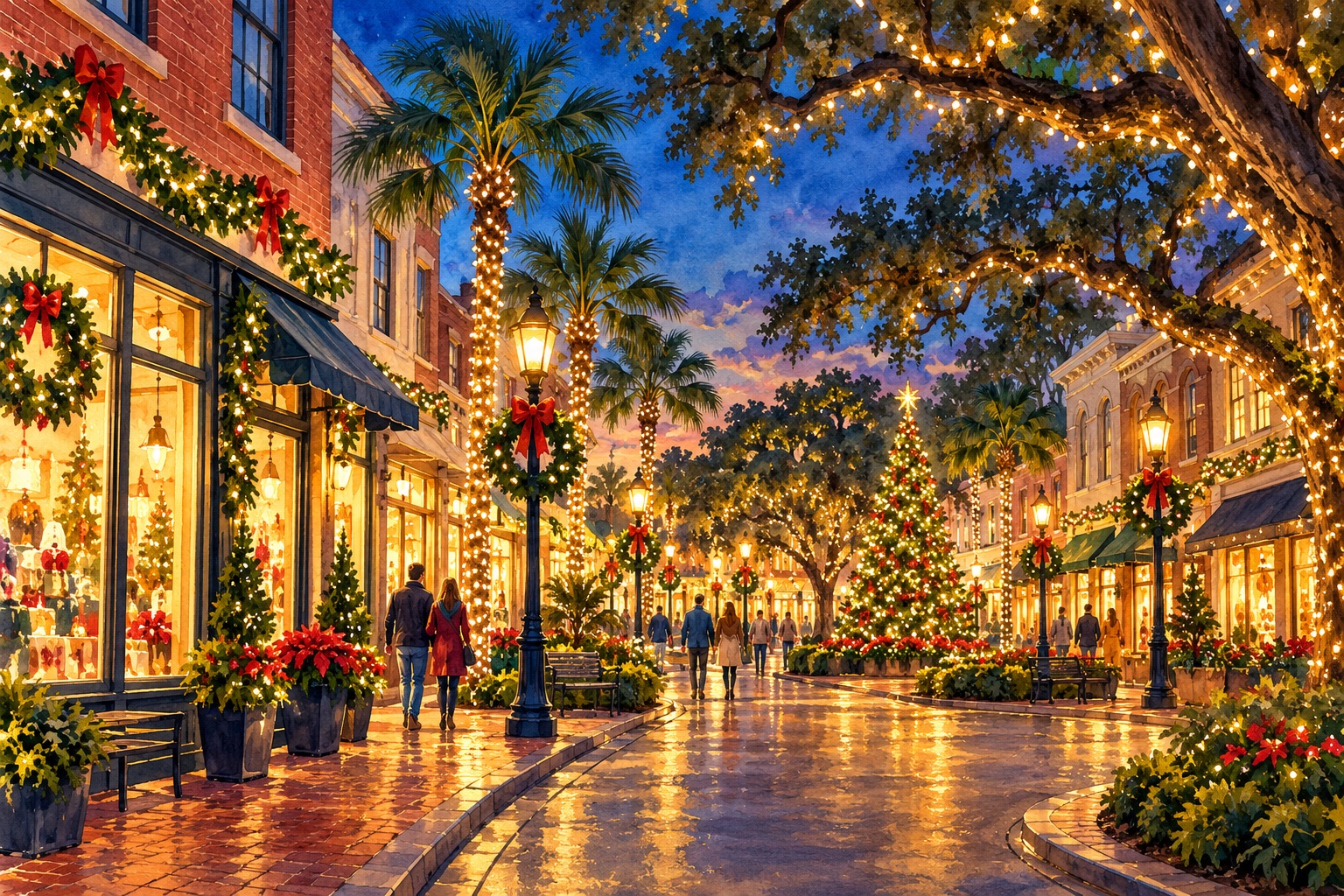 Winter Garden Christmas 2026 guide artwork: a Florida downtown with festive lights, palms and a decorated tree