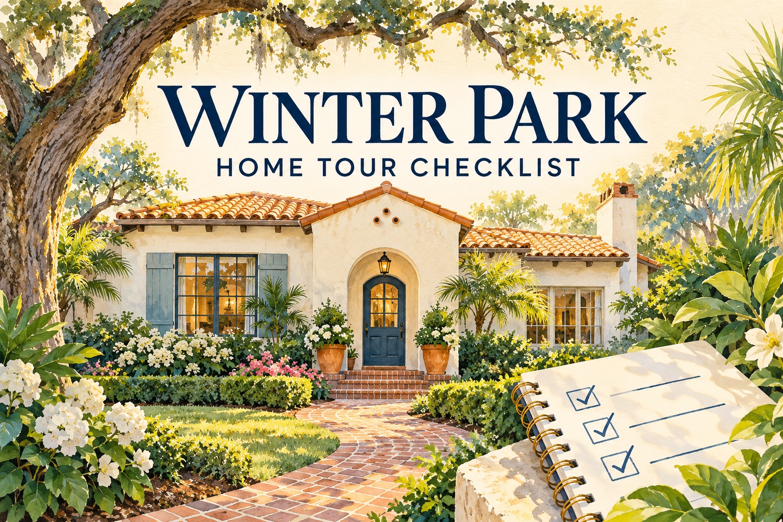 Winter Park home tour checklist illustration of a fictional Florida cottage beneath a live oak.
