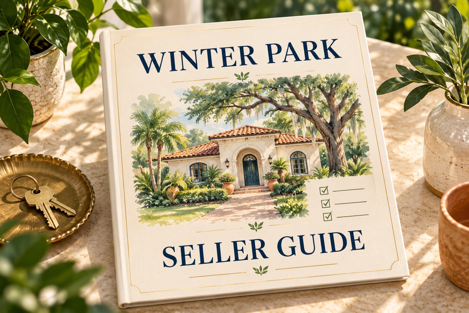 Winter Park seller guide editorial illustration with a planning folio, fictional cottage and house keys.