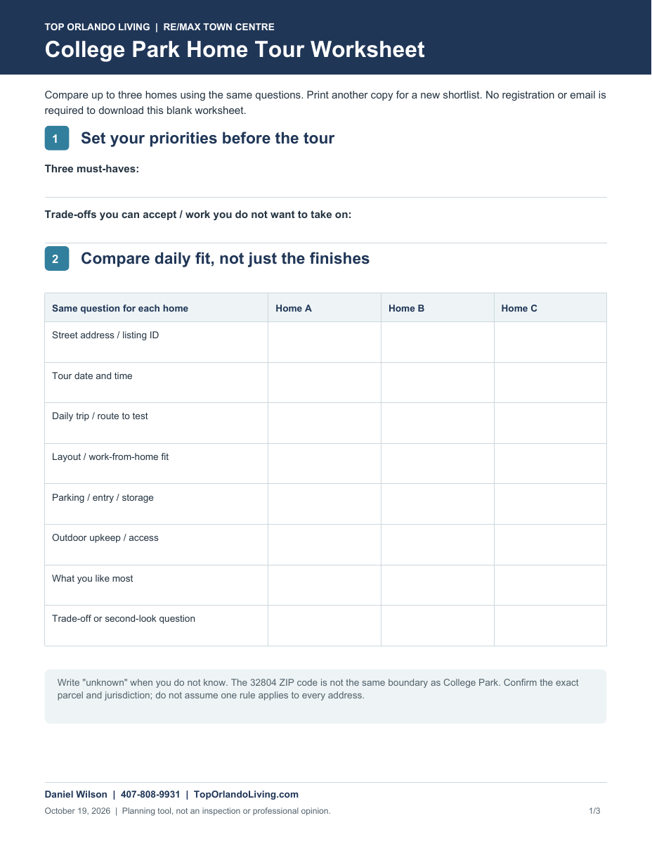 College Park home tour checklist preview comparing Homes A, B and C.